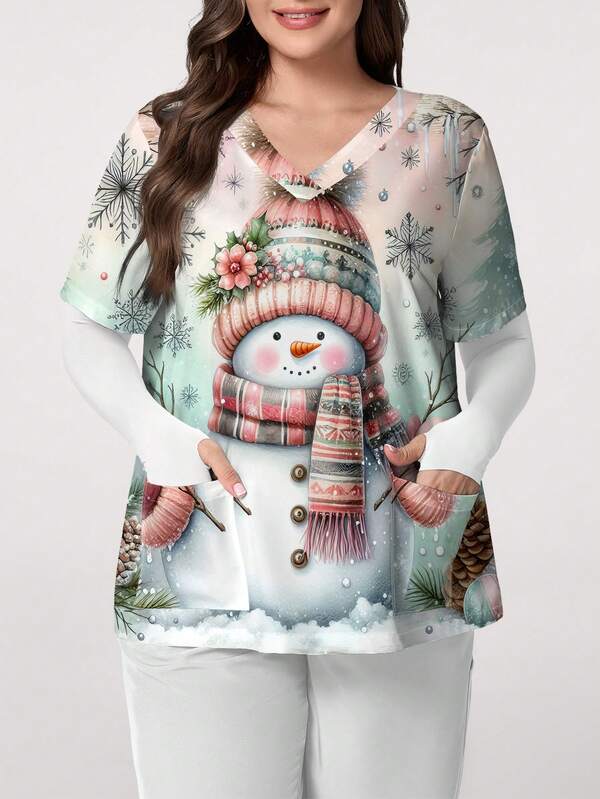 PopScrub Modna damska koszulka z krótkim rękawem i dekoltem w serek, z akwarelowym bałwanem, z grafiką, na Boże Narodzenie