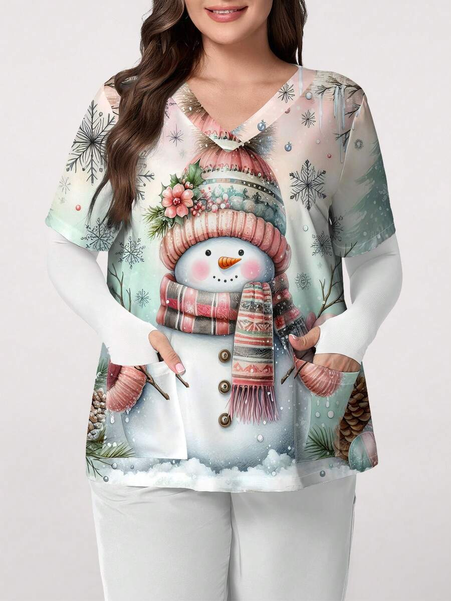 PopScrub Modna damska koszulka z krótkim rękawem i dekoltem w serek, z akwarelowym bałwanem, z grafiką, na Boże Narodzenie