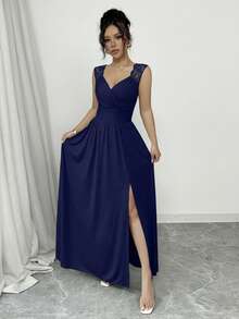 Rafferiza French Elegant Lace Trim V-Neck Pleated Waist Open Slit A-Line Long Dress, Khaki, Suitable For Daily Wear, Banquet, Wedding, Spring/Summer - Navy Blue - View 3