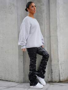 SAYEHFBABY 1 quần da PU thời trang xếp ly khóa kéo phía trước màu trơn cho nữ - màu đen - Xem 4