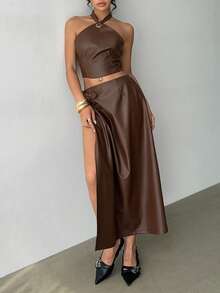 Jeanoix Damen Set aus ärmelloser Crop Top und Mini Rock in Unifarbe, 2-teilig - Braun - Übersicht 4