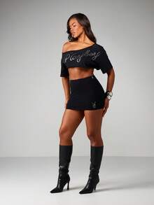 Missguided x Playboy 镶钻迷你紧身连衣裙，适合夜店派对和冬季时尚 - 黑色 - 查看 3