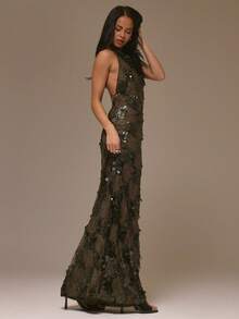 MUSERA Cowl Funnel Neck Sequin Straight Fit Sleeveless Maxi Dress Autumn Fall Winter Night Out Elegant Sexy  Party Occasion