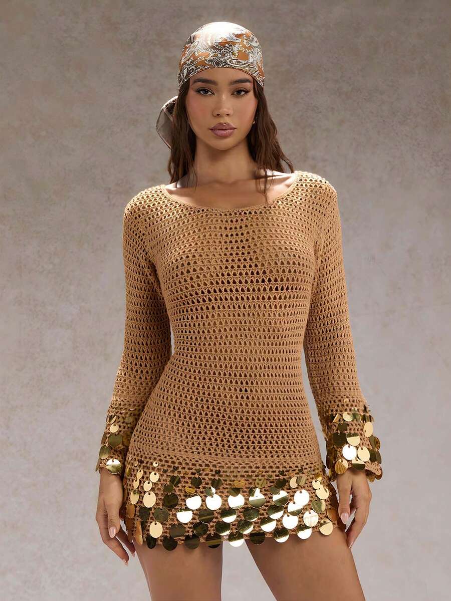 SHEIN Glamour 女士亮片针织连衣裙，长袖，镂空 - 卡其色 - 查看 1