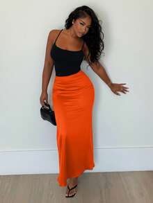 Alexandranx Women's Solid Color High-Waist Long Fishtail Hem Elegant A-Line Skirt - Burnt Orange - View 6