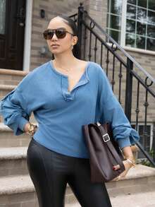Melissa Matos 1pc Women Solid Color V-Neck Knit Long Sleeve Loose Pullover Sweatshirt,Long Sleeve Tops In Fall/Winter - Blue - View 4