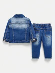 SHEIN Bộ 2 món quần jean bó ống cao co giãn có cổ tay dài màu kaki rách cho bé trai/trẻ mới biết đi, trang phục dạo phố thoải mái và đa năng cho bé - Rửa tối - Xem 2