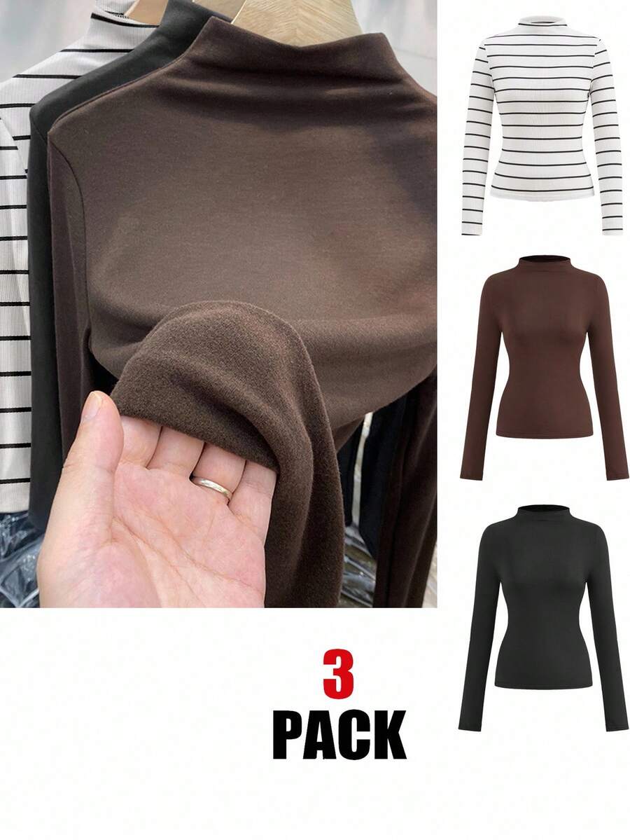 SHEIN LUNE 3pcs/Set Casual Solid Color Minimalist Tight Fit Base Layer Ribbed Ribbed Brushed T-Shirts, Autumn/Winter Mock Neck Top 3 Packs Tops - Multicolor - View 1
