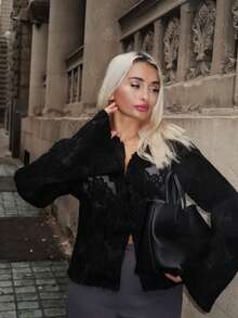 salliqueen 女士纯色长袖休闲浪漫性感蕾丝衬衫 - 黑色 - 查看 4