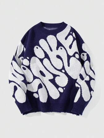 Street Life Men's Crew Neck Contrast Color Long Sleeve Jacquard Knit Pullover Sweater