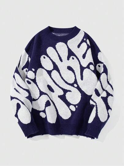 Street Life Jersey de cuello redondo para hombre con manga larga y tejido jacquard de color contrastante