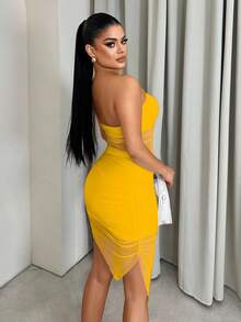 Sirith Vestido tubo ajustado de unicolor y minimalista con pliegues y bajo asimétrico para mujer, de verano - Amarillo - Ver 2