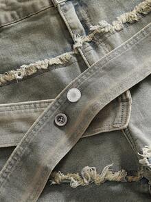ROMWE MEN Street Life Men's Waist Buckle Design Frayed Distressed Layered Punk Denim Jeans - Dark Wash - View 3