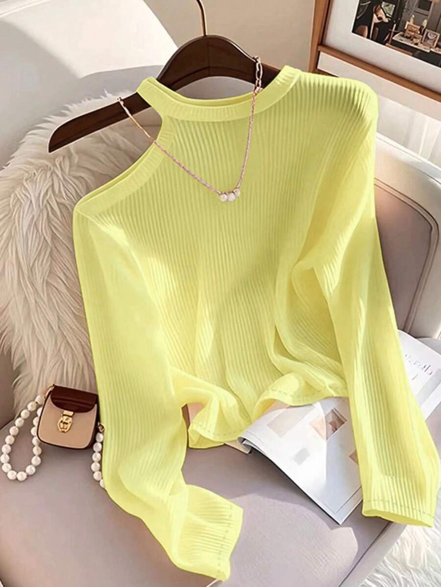 Franclia Kaos Wanita Lengan Panjang Model Bahu Miring Pas Badan Warna Polos, Atasan Rajut Bergaris - Kuning - View 1