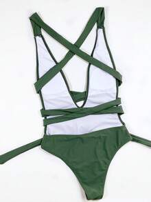 Swim Lushoire 前打結深V連體泳衣 - 軍綠色 - 查看 2