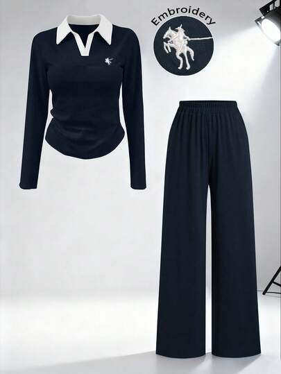 Airaco 2pcs Women Casual Daily Knight Embroidery Long Sleeve Top And Pants Set, Autumn