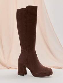 SHUZIA Women's Glamorous Comfortable Square Toe Faux Suede Platform Knee-High Boots With Inner Zipper - Chocolate Brown - View 3