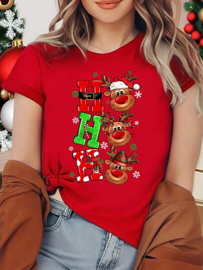 Christmas Women's Casual Fashion Cartoon Cute Reindeer Santa Claus Cartoon Print Christmas Tree Creative Hohoho Slogan Graphic Short Sleeve T-Shirt Graphic T-Shirt Women's Tops