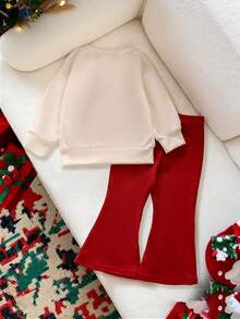 Baby Girls' Spring Autumn Outfit, Apricot Long Sleeve Printed Bow Sweatshirt Top, Striped Red Flare Pants Set, Cartoon Cute Children Casual Suit, Suitable For Holidays - Apricot - View 2