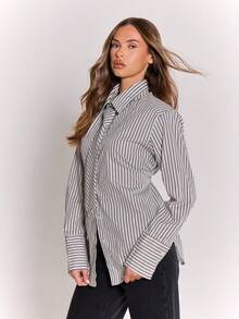 MUSERA 领带细节纽扣收腰条纹衬衫，优雅性感街头风，适合夜间外出、度假、春夏穿着。 - 黑色 - 查看 3