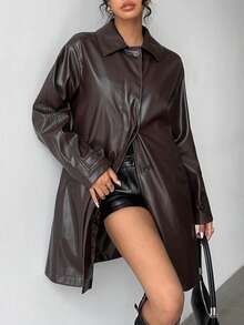 Jeanoix Women Mid-Length Brown Leather Trench Coat, Suitable For New Year, Winter, Brown, Thanksgiving - Brown - View 4