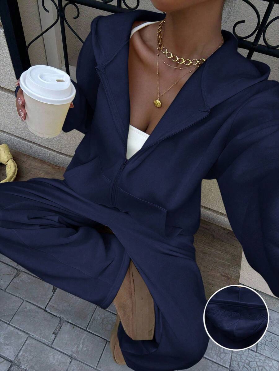 SHEIN EZwear 加大码藏蓝色休闲宽松保暖内衬卫衣套装,秋季 - 藏蓝色 - 查看 1