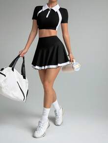 Dewbera Summer Fashion Contrast Color Cropped Short Sleeve Top And Mini Skirt Sportswear Set Two Piece Tennis Skirt Set