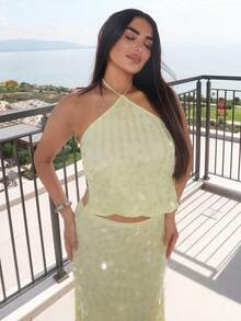 Ambs Edit 黄色低腰H型亮片长裙，浪漫约会 - 黃色 - 查看 3