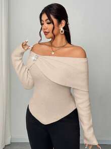 Elenzga Women's Elegant Daily Off-Shoulder Solid Color Shawl Collar Long Sleeve Metal Rhinestone Decor Ruched Fitted Short Plus Size Knit Sweater, Autumn - Khaki - View 7