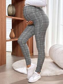 SHEIN Adjustable Waist Maternity Skinny Pants With Button Design, Houndstooth Pattern 2 Piece Maternity Set Maternity Leggings 2 Piece Sets Woman Pregnancy Maternity Clothes Nanny Pregnancy Pants - Black and White - View 4