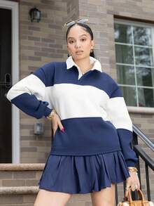 Melissa Matos Collared Striped Sport Jersey Sweatshirt Back To School Autumn Winter Cosy Fall Christmas Cute Everyday Capsule Wardrobe Y2K Streetwear Office Workwear Business Casual - Navy Blue - View 1