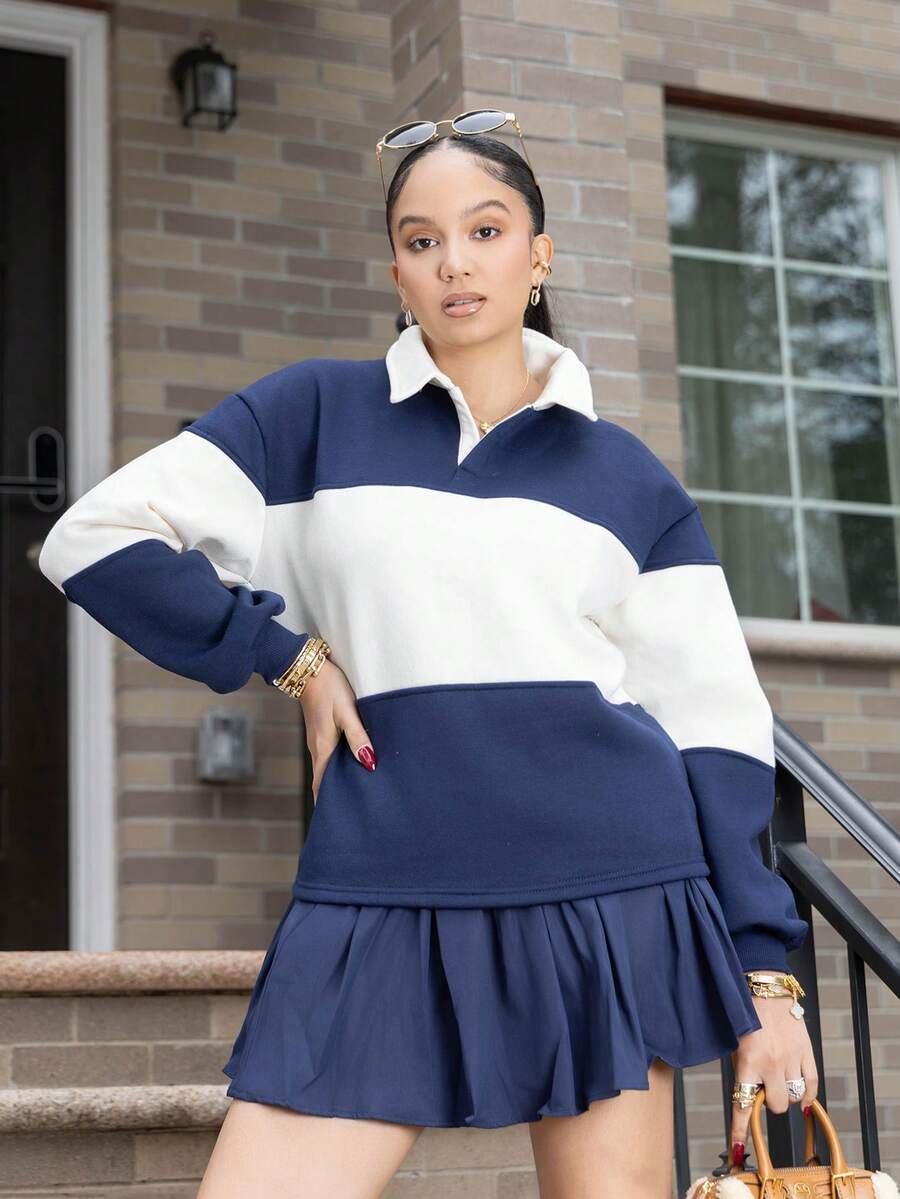 Melissa Matos Collared Striped Sport Jersey Sweatshirt Back To School Autumn Winter Cosy Fall Christmas Cute Everyday Capsule Wardrobe Y2K Streetwear Office Workwear Business Casual - Navy Blue - View 1