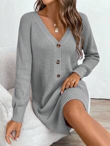 EMERY ROSE V-Neck Button Casual Versatile Long Sleeve Sweater Dress - Light Grey - View 3