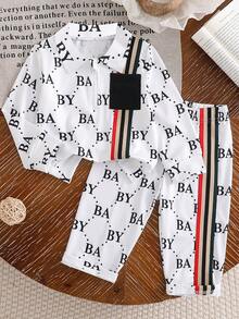 2pcs Baby Boys' Casual Daily Fashion Letter All-Over Print Polo Collar Half-Zip Long Sleeve T-Shirt And Straight Leg Pants Set, Suitable For Outings And Home Wear In Autumn/Winter - Multicolor - View 1
