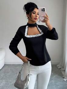 Elenzga Women's Winter Small Round Neck Drop Shoulder Long Sleeve Loose Hem Ribbed Splice Hollow Sequin Trim Elegant Fashion Casual Sweatshirt - Black - View 5
