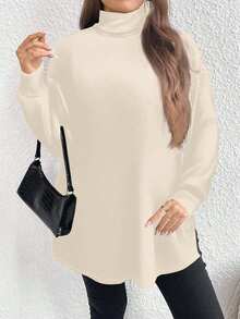 EMERY ROSE Plus Size Casual Minimalist Turtleneck Long T-Shirt, Spring/Autumn/Winter - Multicolor - View 3