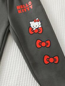 HELLO KITTY AND FRIENDS | SHEIN 女童两件套休闲百搭舒适猫咪印花圆领宽松卫衣和慢跑裤套装 - 灰色 - 查看 3