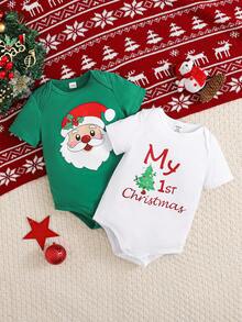 SHEIN Playful Pals Set de 2 bodys de manga corta con estampado de Papá Noel y árbol de Navidad, apropiado para verano, Navidad y fiestas, para bebé niño