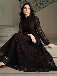 Anewsta Women's Elegant Solid Color Lace Dress, Autumn - Brown - View 7