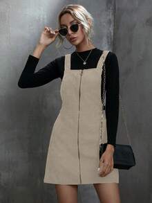 SHEIN LUNE Váy dây rút cổ khóa kéo màu trơn dành cho nữ, mùa thu - Màu Khaki - Xem 6