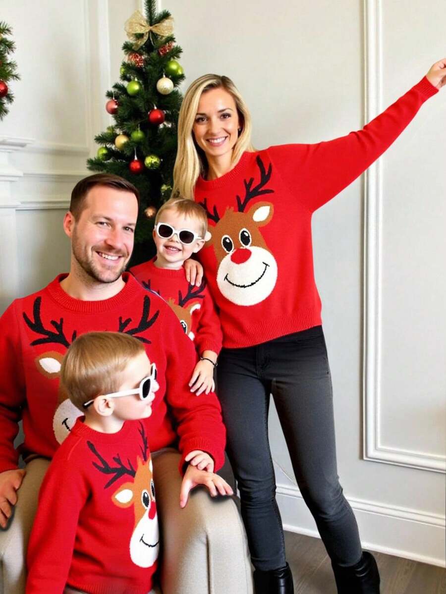 SHEIN 1pc Baby Boys/Girls Casual Loose Fit Crew Neck Long Sleeve Sweater, Suitable For Outings, School, Garden, Beach, Birthday, Baby Shower Party, Autumn/Winter - Red - View 1