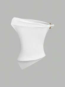 Sweetra Women's Summer European And American Fashion Solid Color 3-Piece Set, Metal Decor Twist Hem Asymmetric Hem Fitted Casual Commuter Versatile T-Shirt