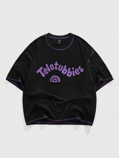 Teletubbies X ROMWE Men's Casual Cartoon & Letter Graphic Short Sleeve T-Shirt, Summer