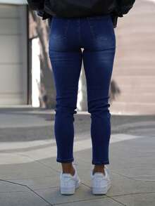 SAYEHFBABY Jeans skinny con bottoni arricchiti, in vita alta, effetto vissuto nello stile Y2K, con fodera termica, jeans skinny con tasche, jeans in denim spesso per autunno e inverno