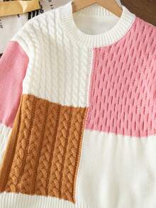 Young Girl Colorblock Cable Knit Sweater, Crew Neck Pullover, Casual Twist Rope Knitwear, Cute & Fashionable Children's Clothing, Suitable For Autumn/Winter, Outdoor & Indoor Wear Preppy Clothes For Kids - Multicolor - View 6