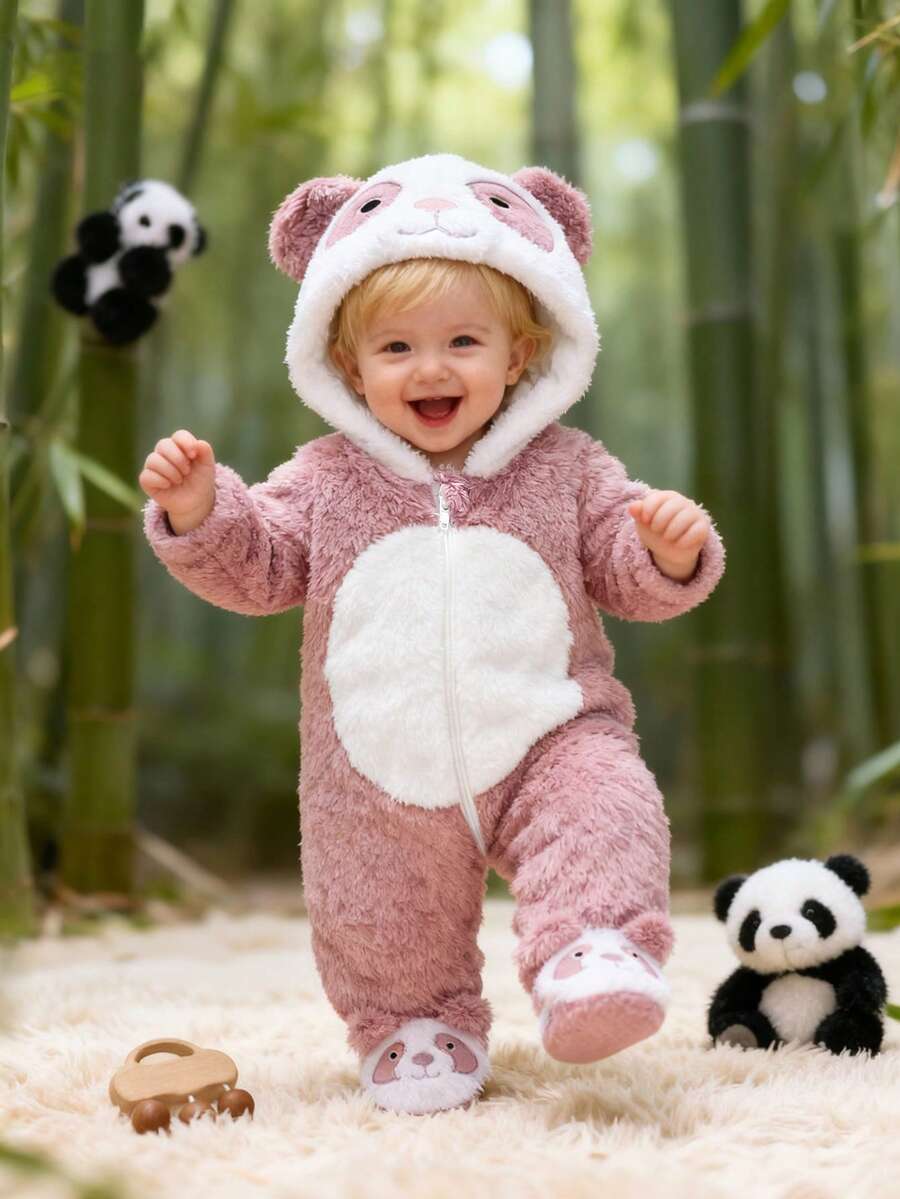 SHEIN 新生婴儿熊猫主题服装，可爱有趣的毛绒厚面料长袖连体衣，配有裤子和 3D 刺绣帽子，适合派对、聚会、生日、拍照、游乐园、动物园、户外活动，柔软舒适，适合秋冬季，适合新生儿 - 珊瑚粉 - 查看 1