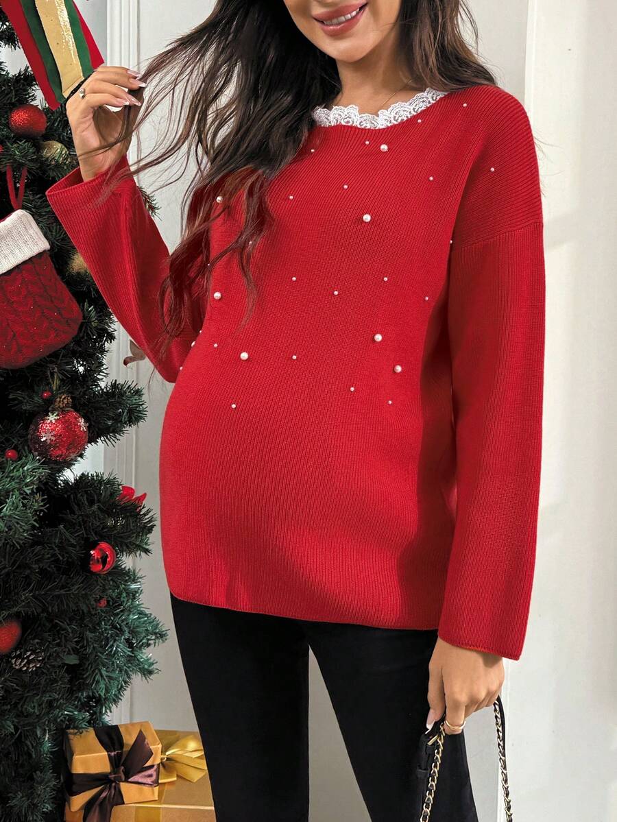 SHEIN 女士宽松蕾丝领珍珠串珠设计休闲日常纯色长袖圆领套头衫孕妇毛衣 - 紅色 - 查看 1