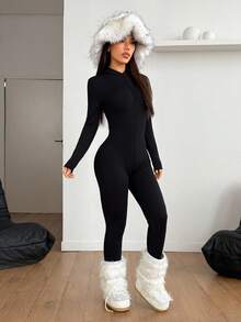 SHEIN PETITE Bộ đồ liền thân lót nhiệt tay dài, cổ đứng, màu trơn, khóa kéo phía trước dành cho nữ, dáng ôm, thu/đông, nhỏ nhắn - màu đen - Xem 7