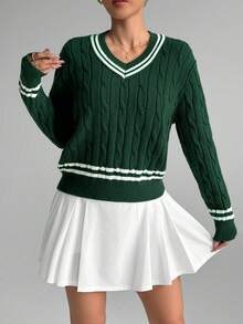 女士V领条纹图案麻花长袖套头毛衣 - 綠色 - 查看 3