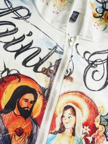 ROMWE MEN Street Life 男士拉链印花休闲街头风连帽卫衣，长袖上衣 - 白色 - 查看 5